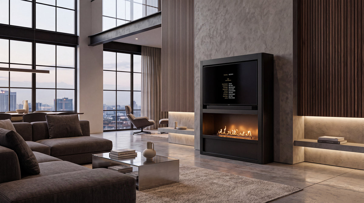 Planika Cinema bio ethanol media wall fireplace in a modern living room