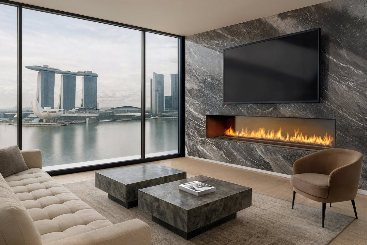 Planika FLA4 smart bio ethanol burner in a marble feature wall